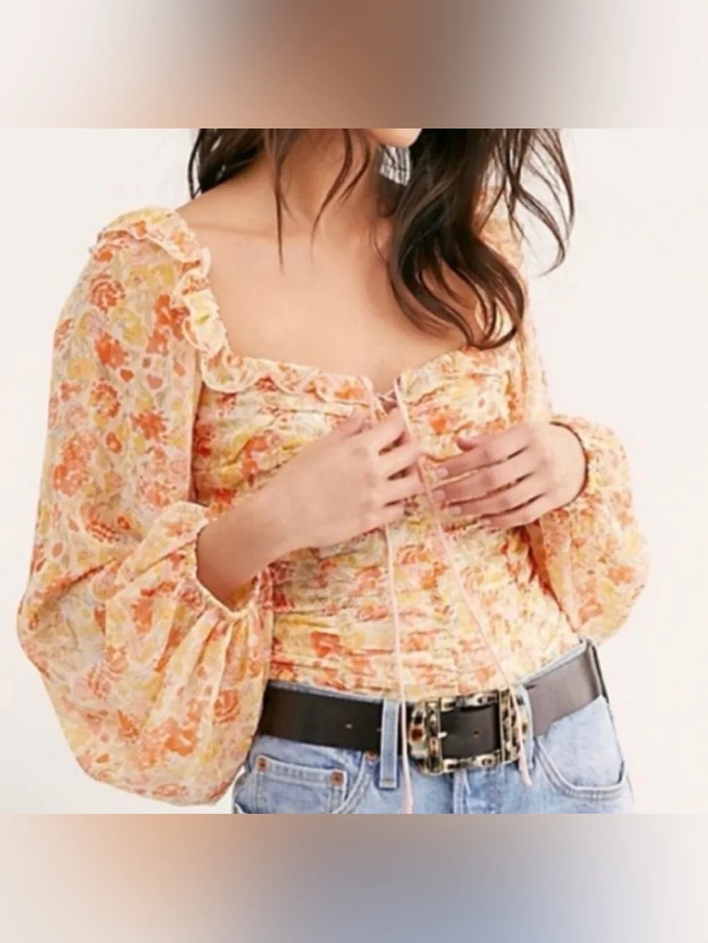 Free People Peach and Yellow Floral Puff-Sleeve Tie Front Blouse - Size XS